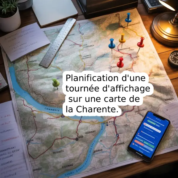 Planification d'une tournée d'affichage sur une carte de la Charente.