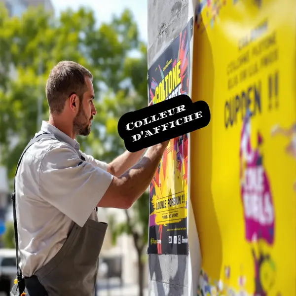 Colleur d'affiches professionnel utilisant une brosse et de la colle sur un panneau libre, garantissant une pose soignée et légale