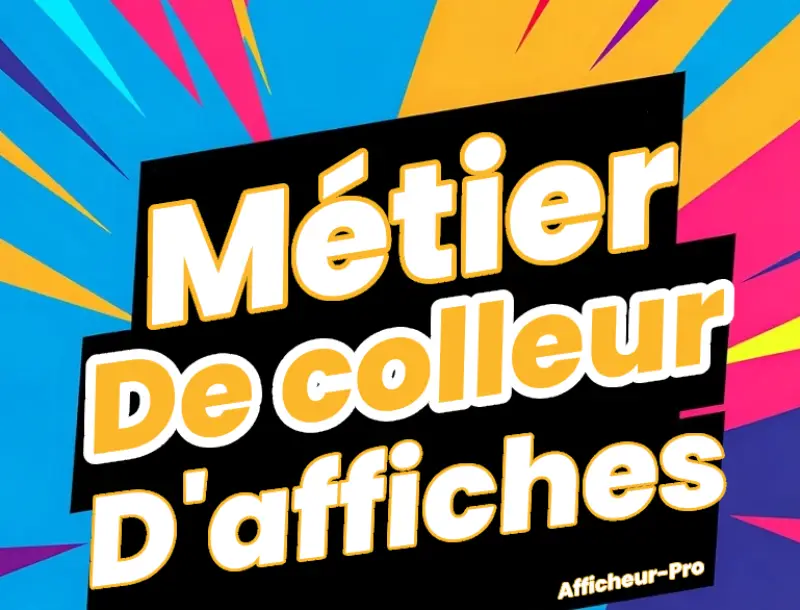 Un colleur d'affiches professionnel en pleine action, appliquant une affiche sur un panneau d'affichage libre.