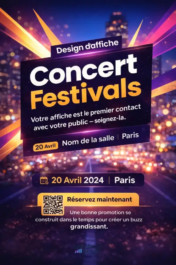 Exemple de maquettes d'affiches pour un concert de rock, un festival et un concert de jazz.