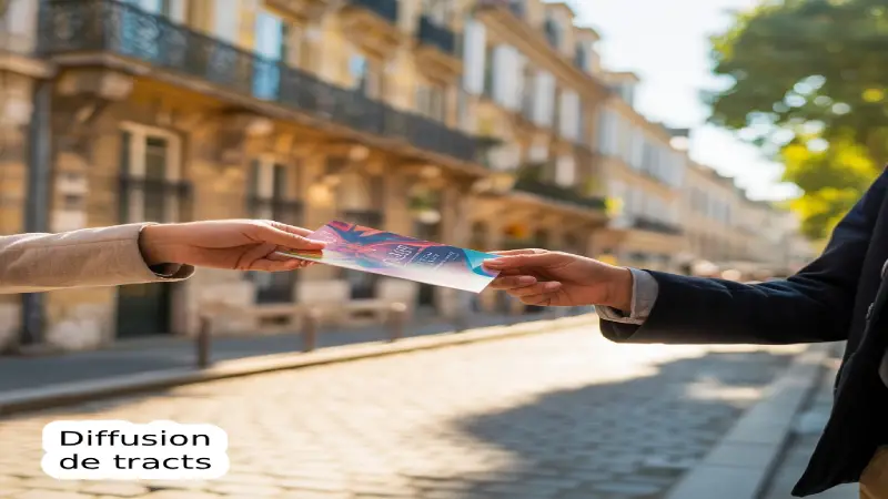 Distribution de flyers de la main à la main dans une rue commerçante respectant la propreté et la réglementation