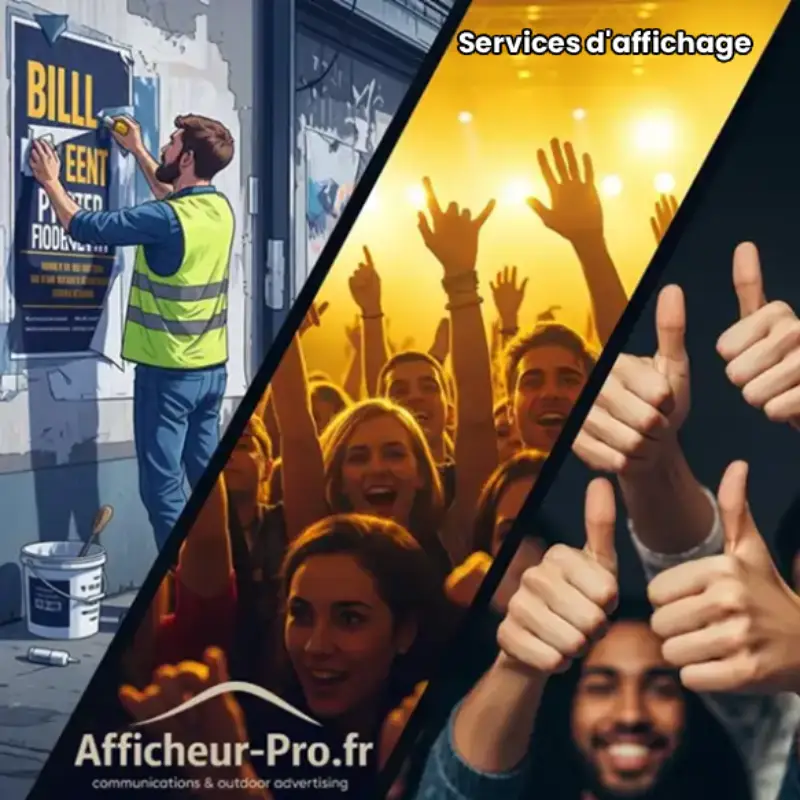Afficheur en train de coller une affiche colorée sur un panneau d'affichage.